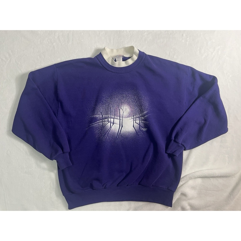 VTG Morning Sun Pullover Sweatshirt Purple Nature Graphic Women's XL Winter
